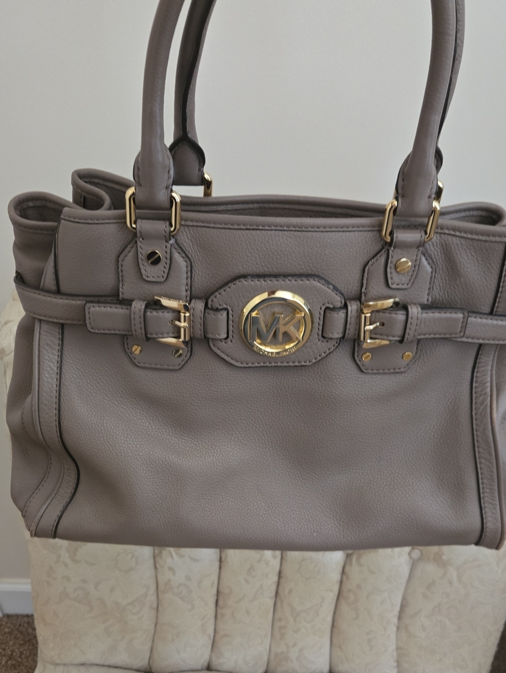 Michael Kors Taupe Leather Satchel with Gold Logo Hardware